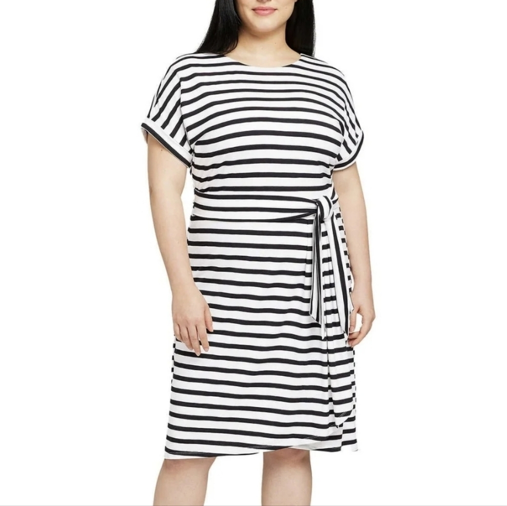 Chaps L Crewneck Knit Dress Black White Stripe 3032-x